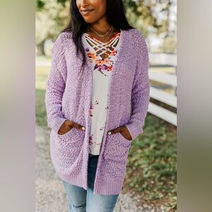 POL Pastel Lavender Popcorn Knit Open front Cardigan Sweater Size Large